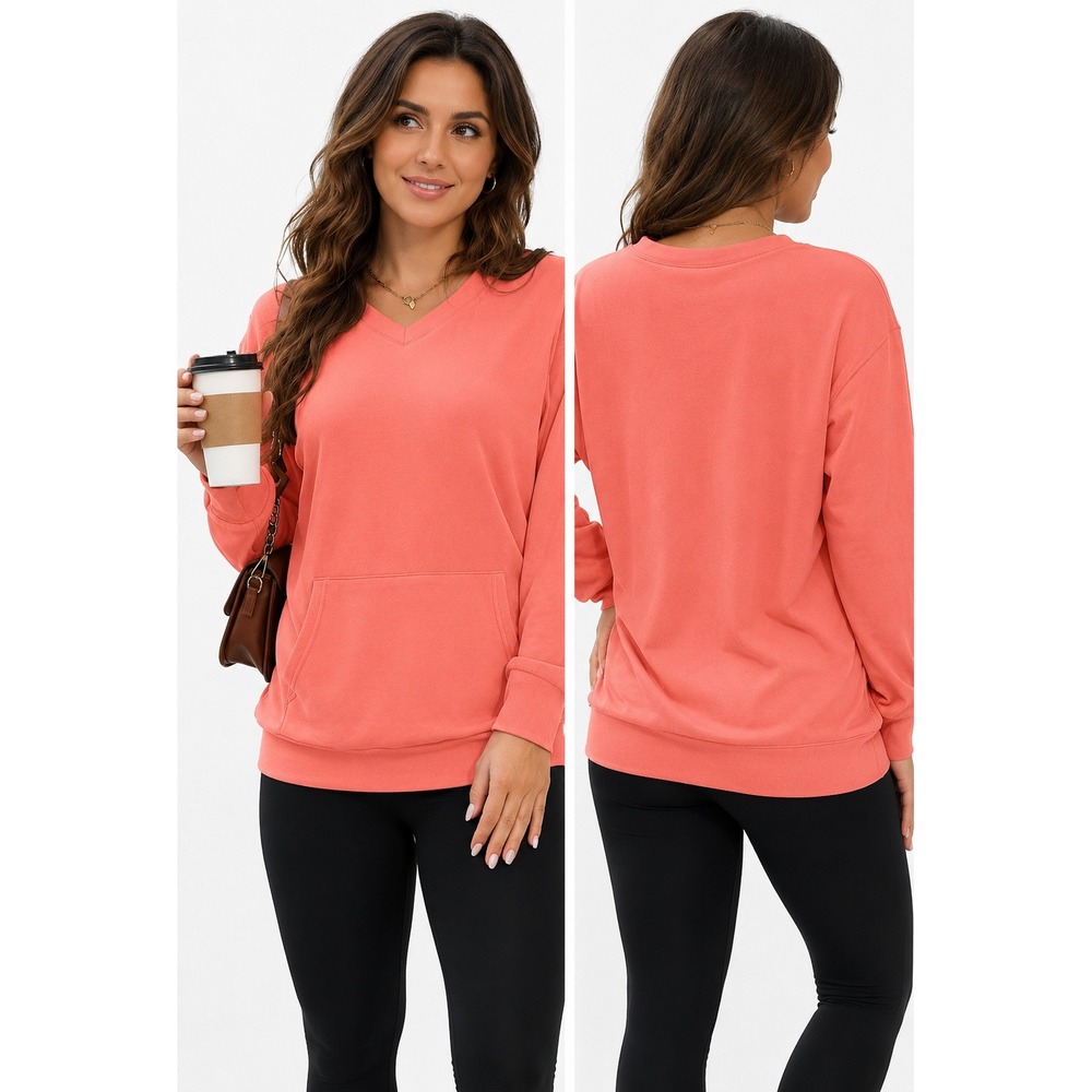 AUSELILY Sweatshirt Womens Small Coral V-Neck Kangaroo Pocket Long Sleeve C899